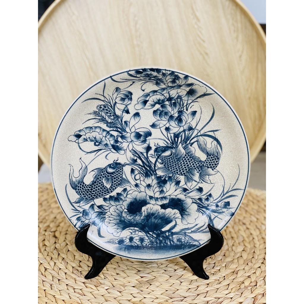 Đĩa cảnh Đĩa trang trí hoa văn để bàn men rạn cổ Bát Tràng 35cm