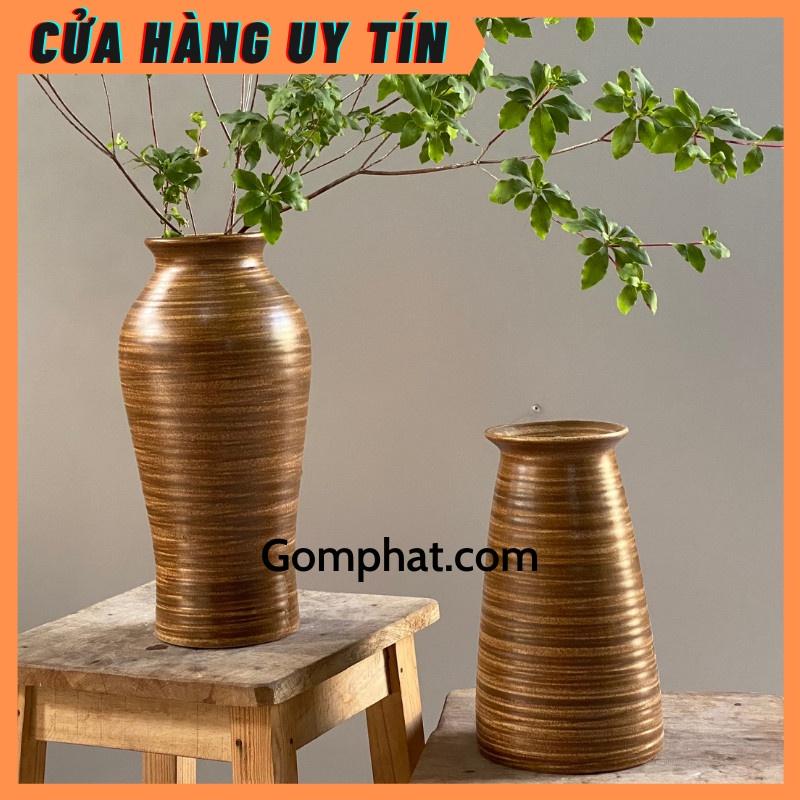 Lọ hoa gốm sứ- Bình cắm hoa gốm mộc men nâu Bát Tràng trang trí nhà, bàn làm việc