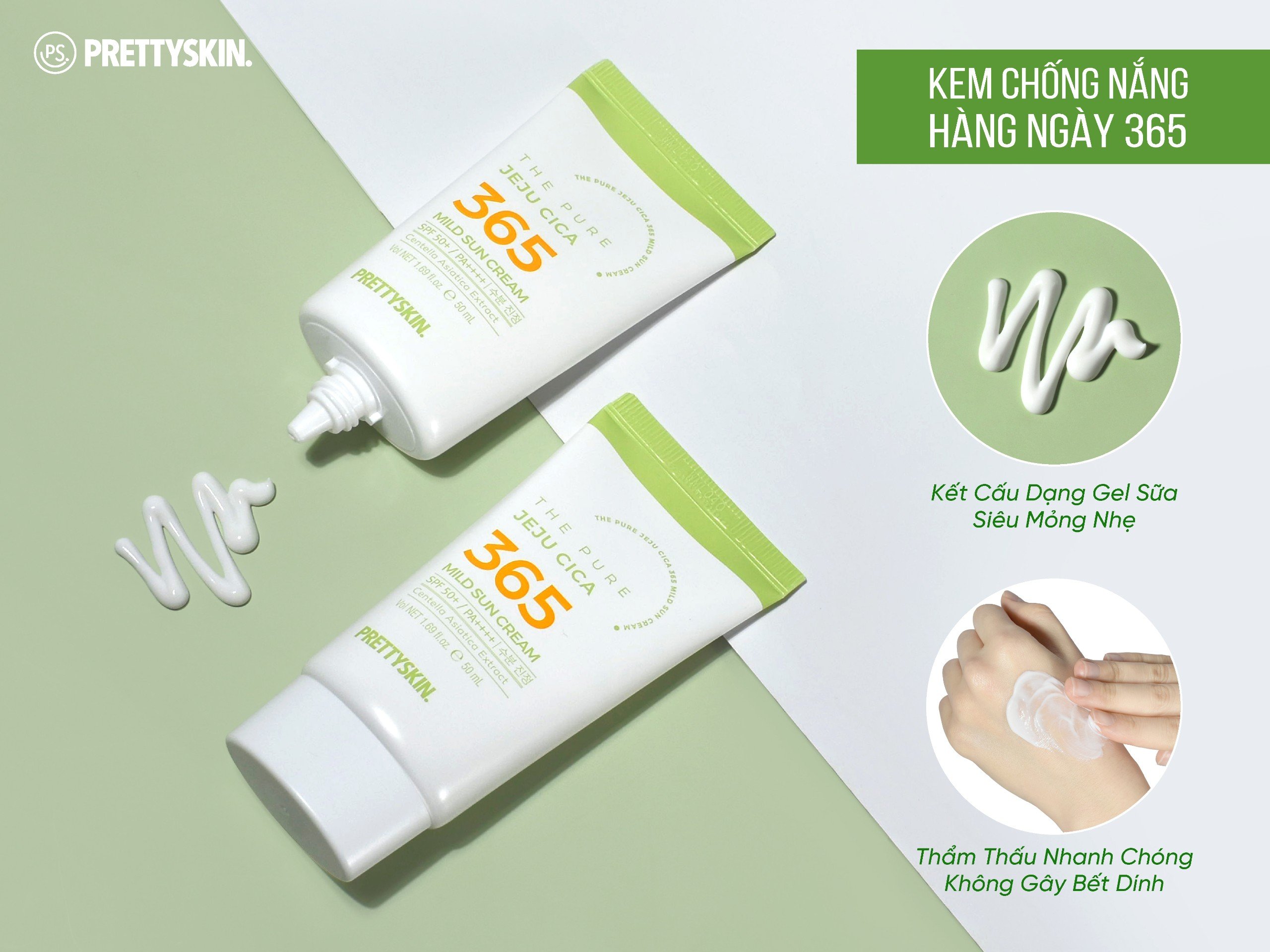 Kem chống nắng nâng tông, kháng nước 365 Pretty Skin The Pure Jeju Cica 365 Mild Sun Cream