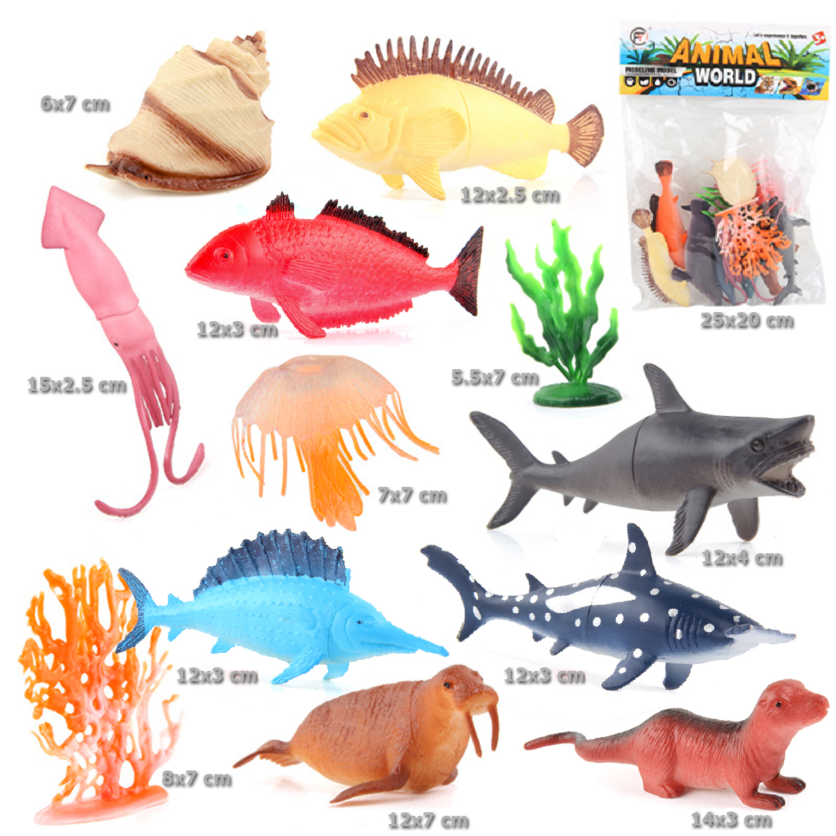 Bộ 12 đồ chơi Cá Biển Ốc Mực Hải Cẩu Cá Mập Cá Heo Ocean World Fish nhựa dẻo 12 chi tiết cho bé mang đi biển, đi tắm hồ bơi