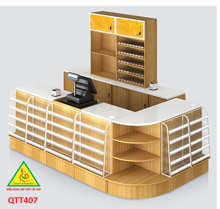 Bàn tính tiền siêu thị , Bàn thu ngân thiết kế tiện lợi QTT407 - Nội thất lắp ráp Viễn Đông Adv