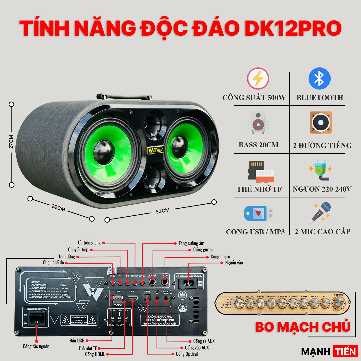 Loa Karaoke Xách Tay Mới Nhất 2024 - MTMAX DK12Pro - Loa 3 Đường Tiếng Công Suất Lớn 500W, Bass Đôi 2 Tấc, Âm Thanh Mạnh Mẽ, Đi Kèm 2 Micro Cao Cấp, Hàng Chính Hãng