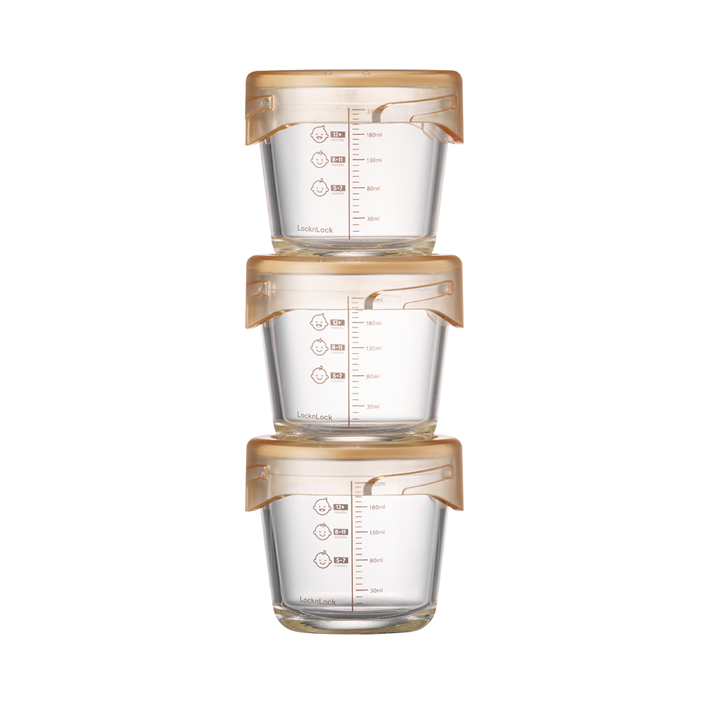 Bộ 3 hộp thủy tinh đựng thức ăn dặm cho bé Lock&amp;Lock 280ml x 3 hộp LLG542S3IVY - Hàng chính hãng, có vạch chia - JoyMall