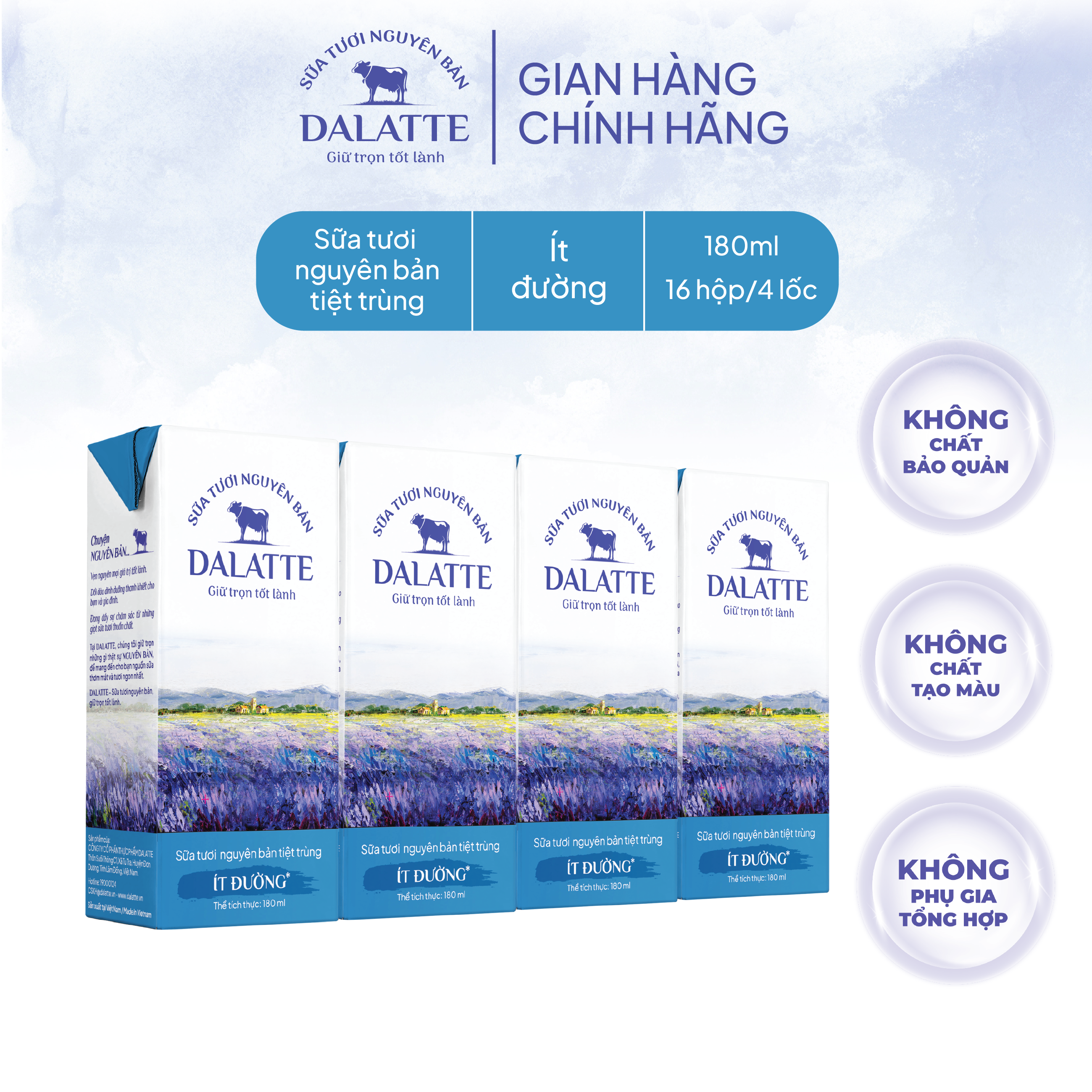 Combo 4 Lốc (16 hộp) - DALATTE 180ml SỮA TƯƠI NGUYÊN BẢN tiệt trùng - Ít đường - Giữ trọn nguyên bản, trao trọn tốt lành