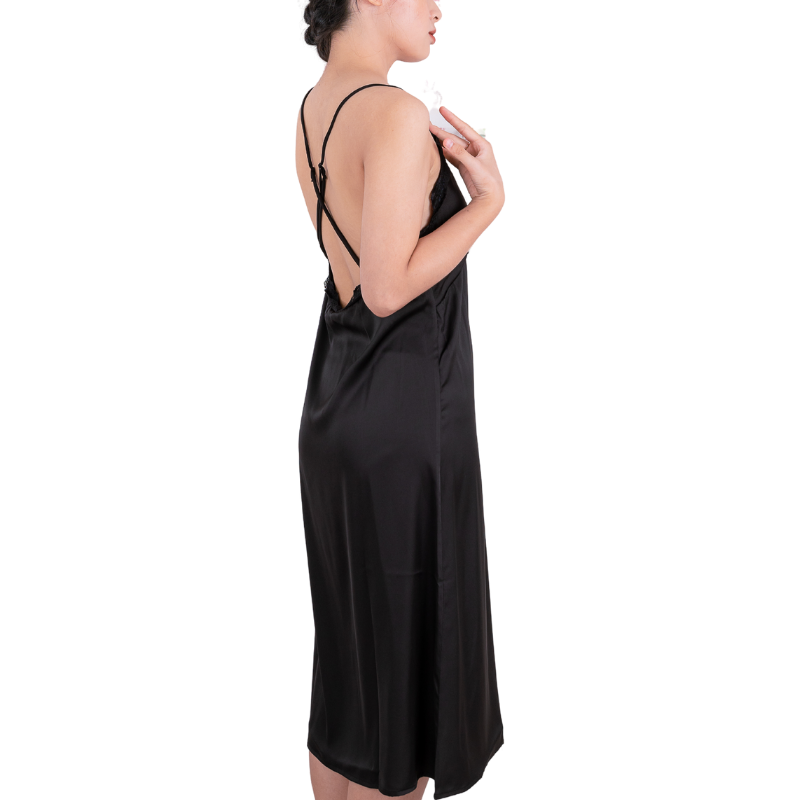 Đầm ngủ, Váy ngủ lụa Pháp (Lụa Latin) thiết kế 2 dây chéo lưng phối ren cao cấp VILADY - V148 (Màu Đen)