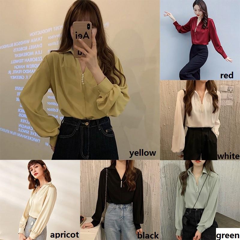 Áo Kiểu Tay Dài Cổ Chữ V Thiết Kế Màu Trơn Thanh Lịch Dành Cho Nữ