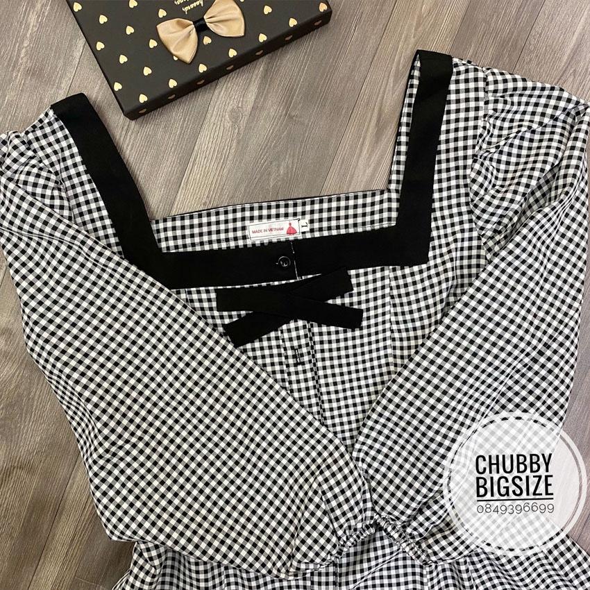 Áo bigsize caro cổ vuông nơ ngực chubbybigsize