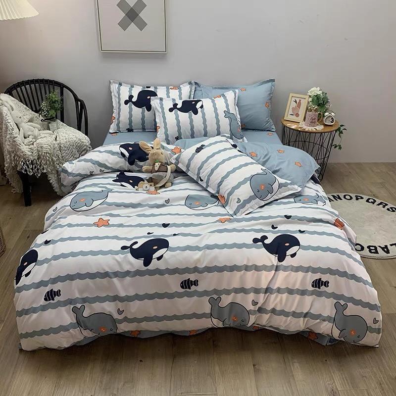 Bộ chăn ga gối Cotton Poly M2T bedding Cá heo, vỏ chăn mền, drap giường và 2 vỏ gối