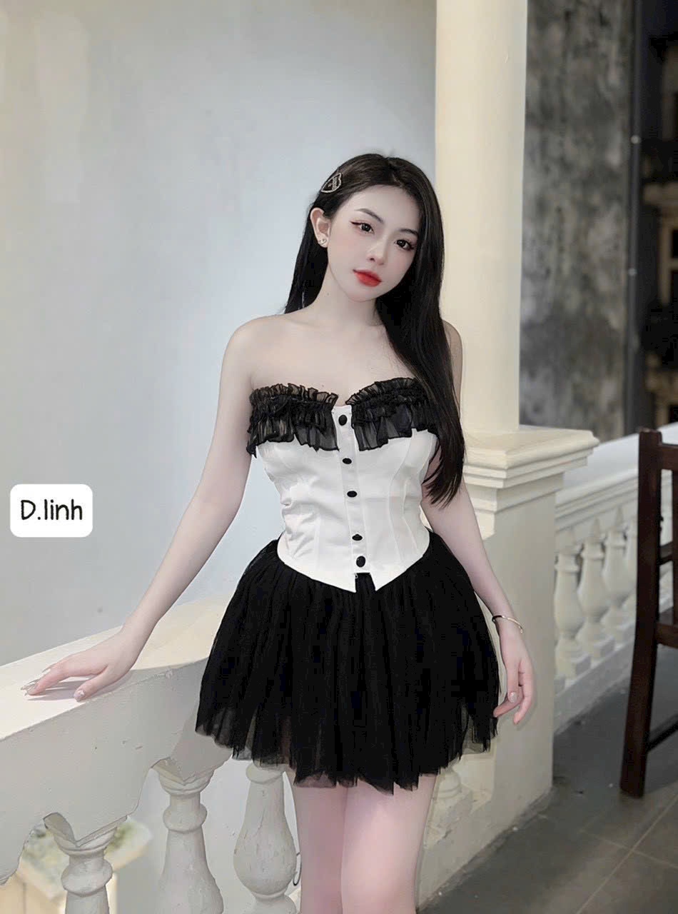 Set áo quây bèo mix chân váy lưới xòe
