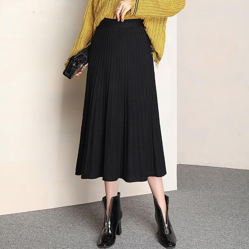 Women Knitted Skirt Solid Color High Waist Ribbed Pleated A-Line Spring Autumn Elegant Vintage Street Wear