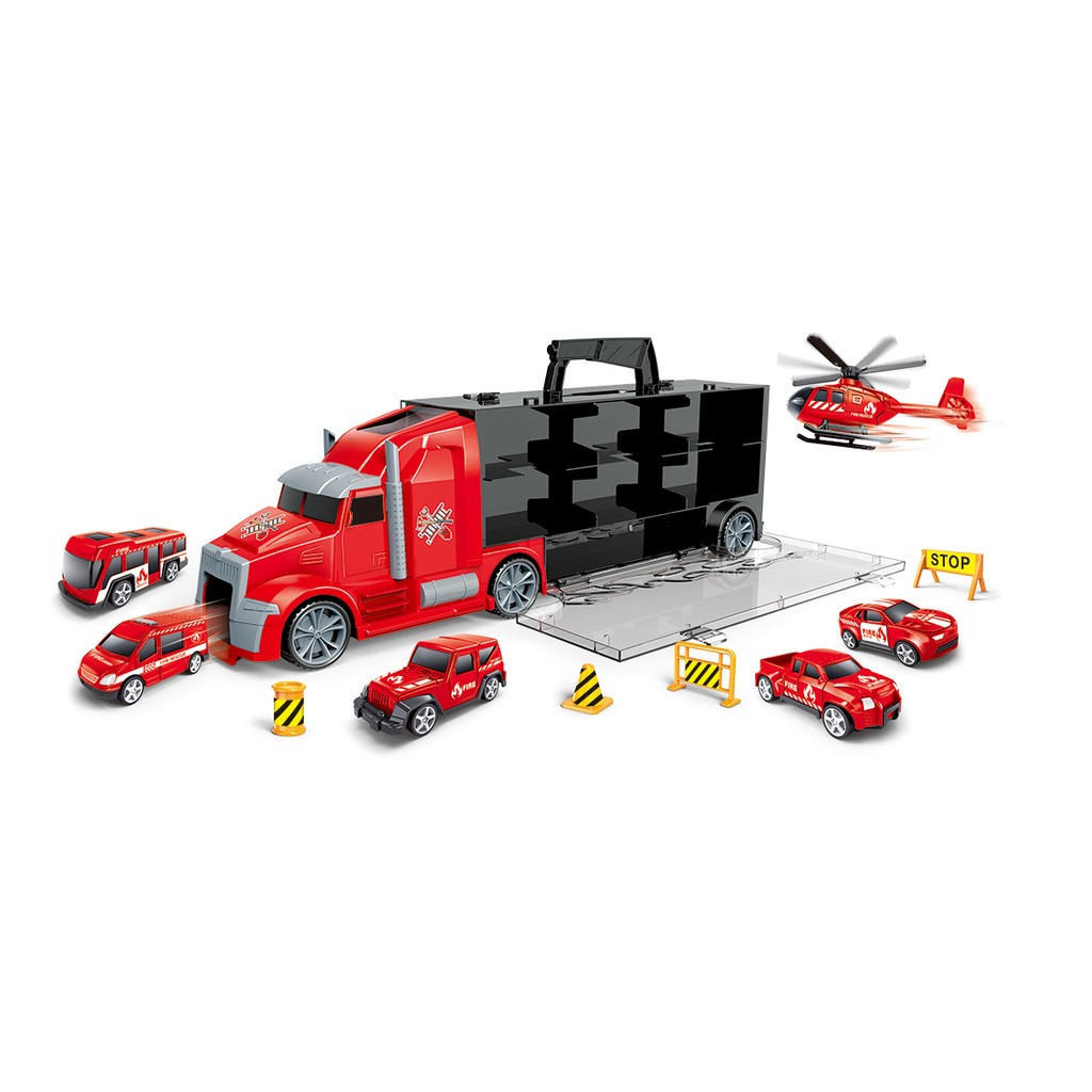 TOYSTAR - 666-03K Mô hình Bộ xe chuyên chở cứu hộ chuyển gồm 5 ô tô, 1 máy bay, 4 biển báo giao thông (KT 42x9x13cm)