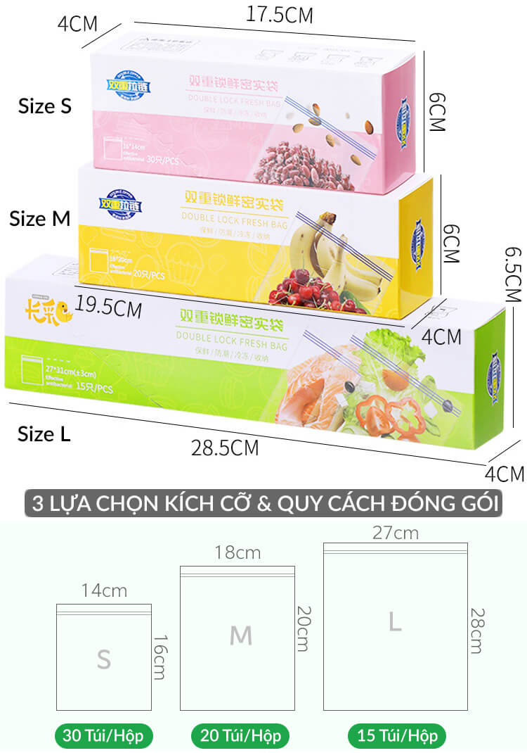 Hộp 15/20/30 Túi Bảo Quản Thực Phẩm Zip PE 2 Lock Hamart Khoá Kín Bọc Đựng Thức Ăn Tủ Lạnh