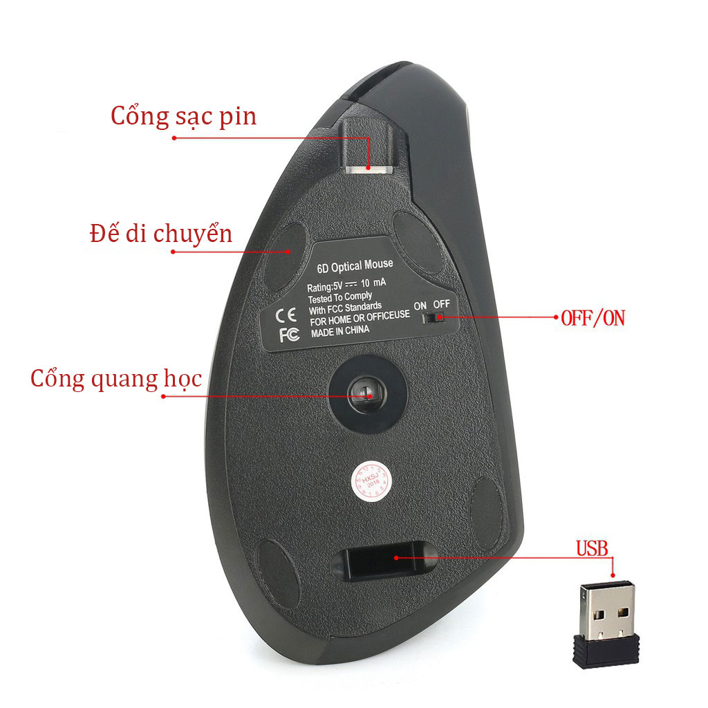 Chuột không dây kiểu đứng sạc pin HXSJ T22 wireless USB 2.4GHz chống mỏi tay chuyên dùng cho pc laptop macbook ipad tivi - Hàng chính hãng