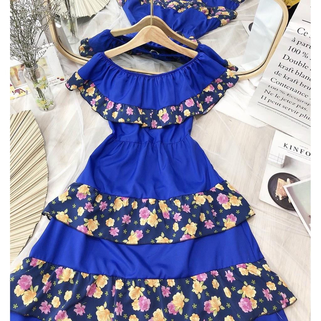 Đầm Maxi Đi Biển SAVVY Dress Đầm nữ Dáng Xòe Bẹt Vai Phối Hoa thổ cẩm