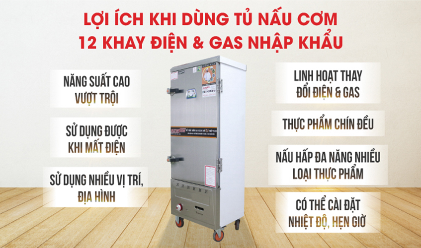 Tủ Nấu Cơm 36 Kg Gạo/ Mẻ Bằng Điện Gas 12 Khay Nhập Khẩu NEWSUN - Hàng Chính Hãng