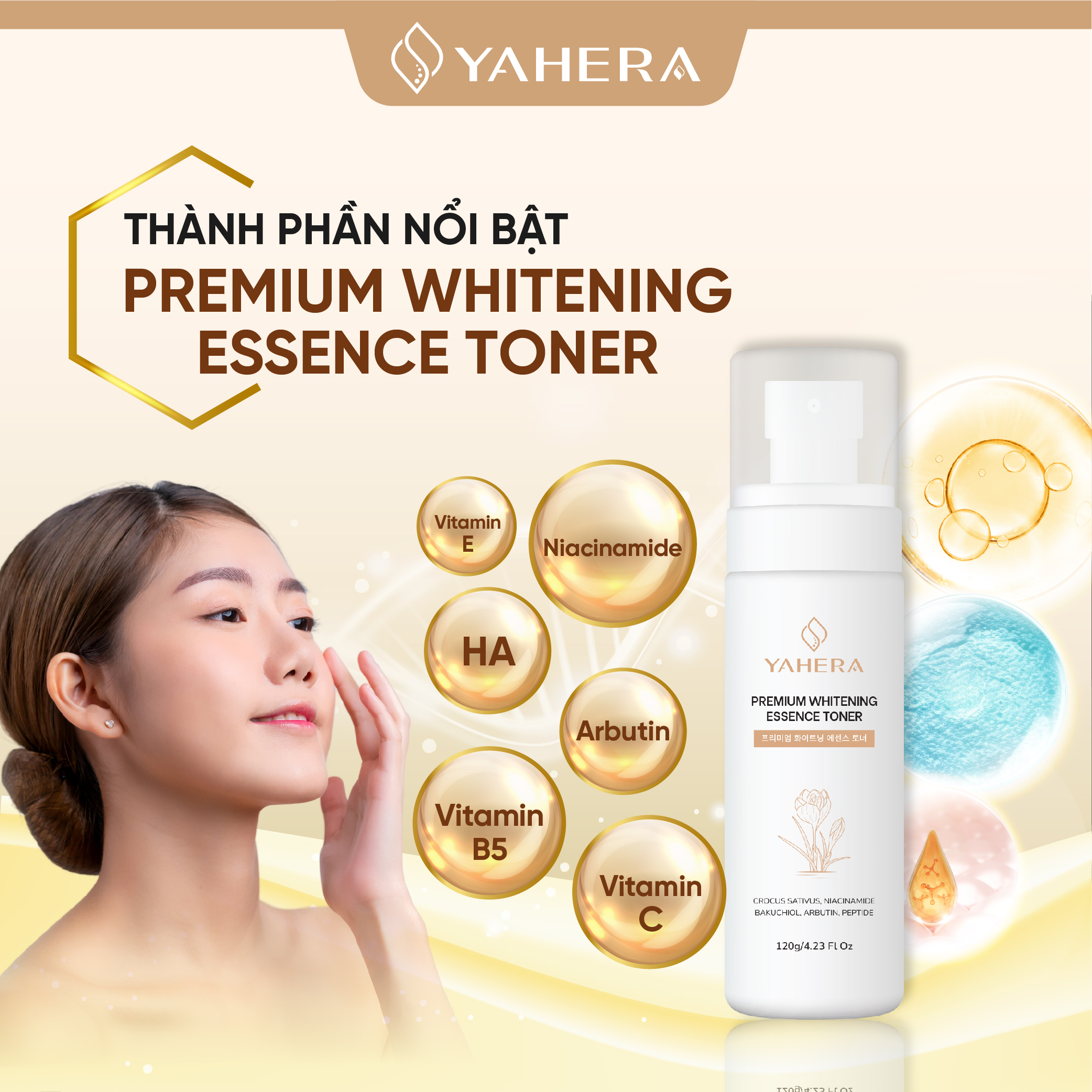 Nước hoa hồng dưỡng trắng da YAHERA Premium Whitening Essence Toner giúp sạch sâu, dưỡng ẩm, cân bằng độ pH da, se khít lỗ chân lông và ngăn ngừa mụn 120g