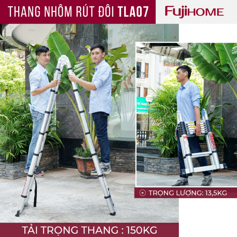 Thang nhôm FUJIHOME TLA08 rút gọn chữ A nhập khẩu, Chiều cao tối đa 5m, Đế cao su