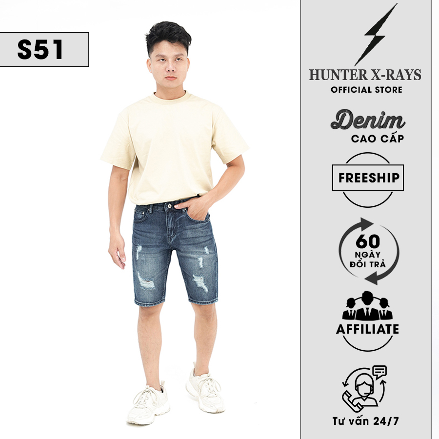 Quần Short Jeans Nam Form Slimfit Cotton Xanh Rách - Hunter X-Rays S51