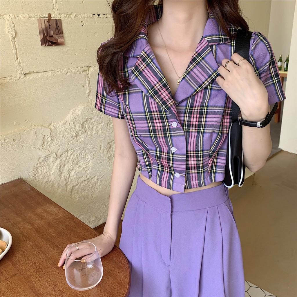 Áo croptop sơ mi cổ vest kẻ caro cao cấp