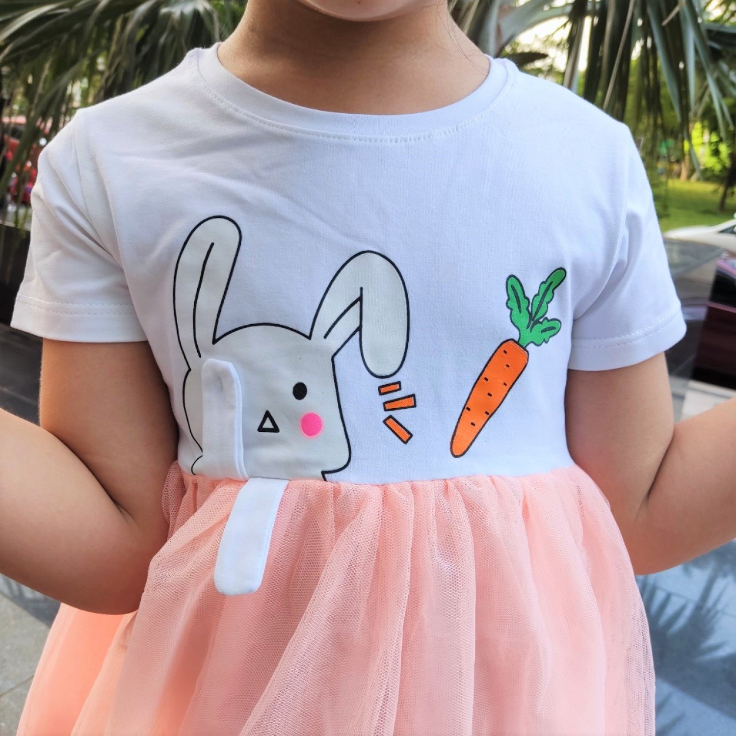 G1510 Đầm bé gái cực xinh. Vải thun 4 chiều kết hợp với voan lưới, hình in và đắp vải dễ thương.