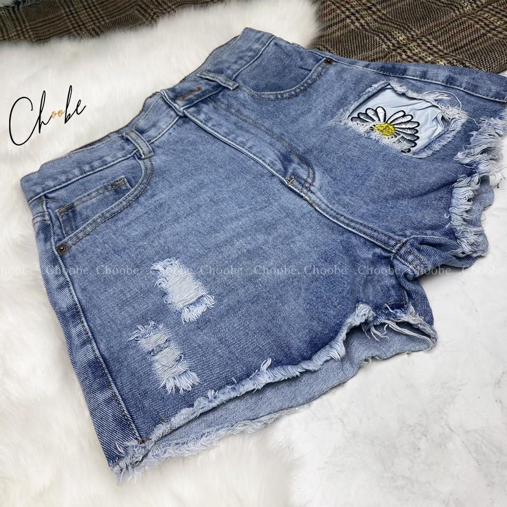 Quần short jean nữ Choobe trơn lưng cao thêu hình hoa cúc phong cách thời trang QSJ02