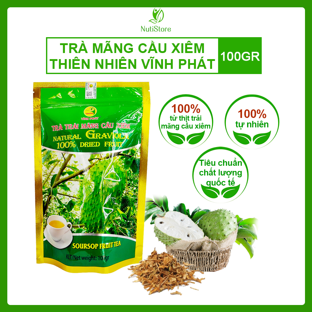 Trà Mãng Cầu Xiêm Thiên Nhiên Vĩnh Phát - Trà Trái Mãng Cầu Xiêm Vĩnh Phát 100% Tự Nhiên Từ Thịt Trái Mãng Cầu Xiêm Giúp Hỗ Trợ Điều Trị Cao Huyết Áp, Tiểu Đường, Thiếu Máu... (Gói 100gr)