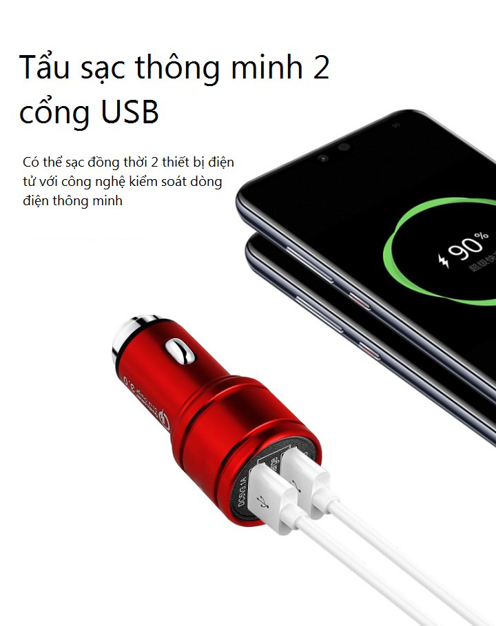 Tẩu sạc trên ô tô đa năng, tiện dụng tích hợp 2 cổng USB sạc nhanh