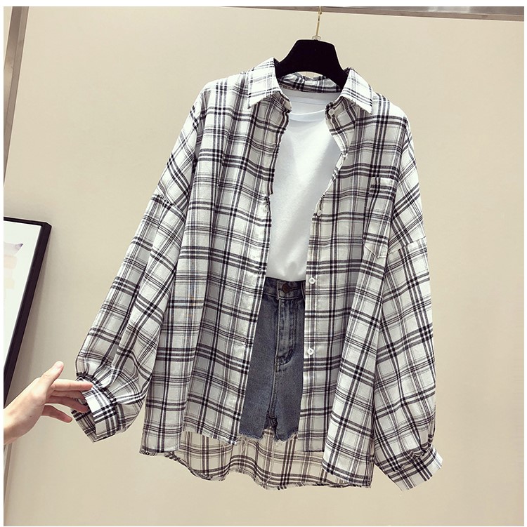 Áo sơ mi nữ kẻ caro tay bồng dáng thụng ulzzang/ Áo chống nắngthời trang hàn quốc Mã 59