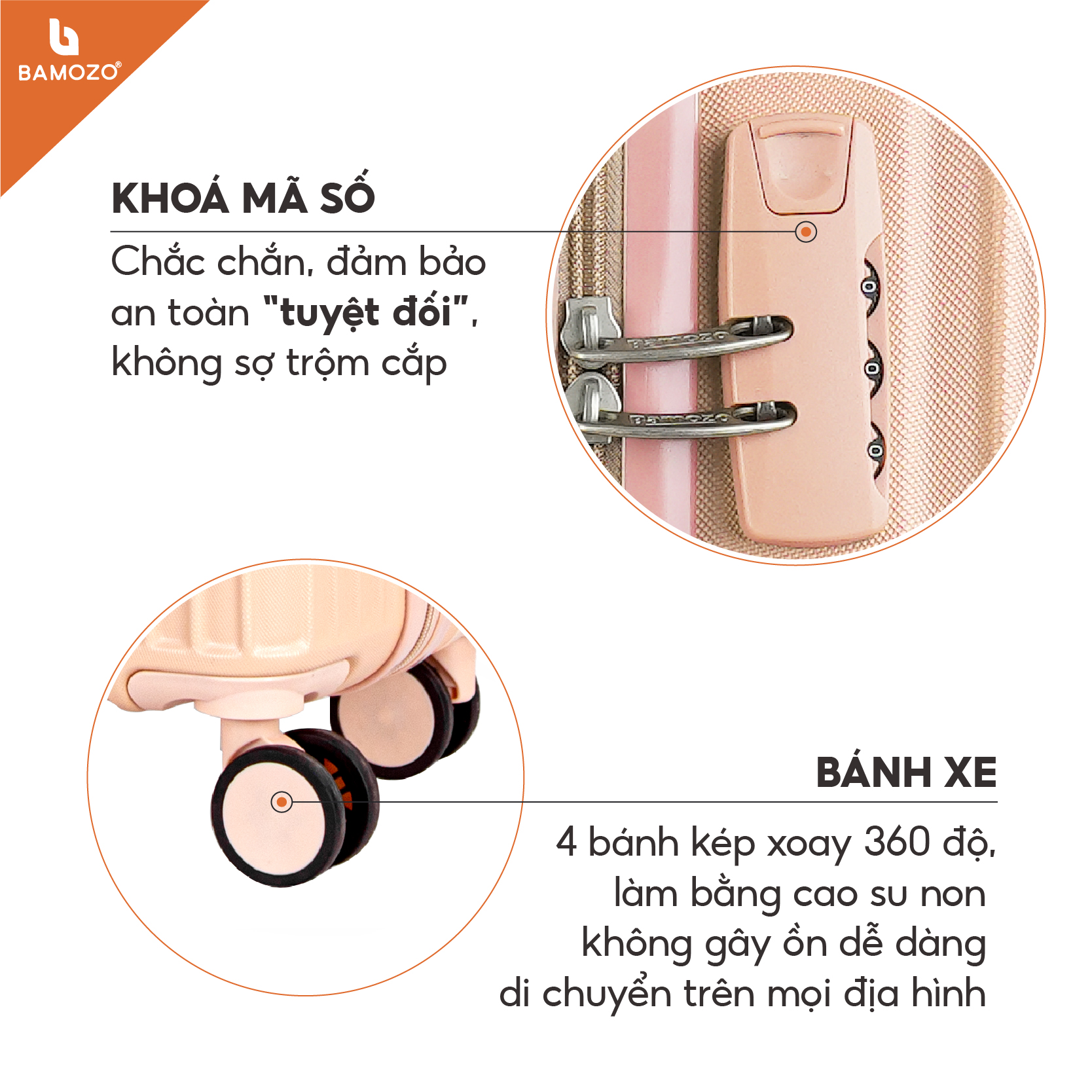 Vali du lịch BAMOZO 8801 MÀU HỒNG NHẠT size 20/24, vali kéo nhựa được bảo hành 5 năm.