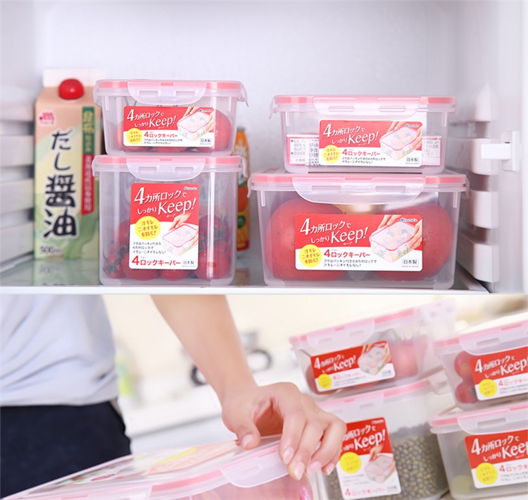 Combo 4 hộp nhựa chữ nhật bảo quản thực phẩm Inomata - Có khóa nắp 4 chiều