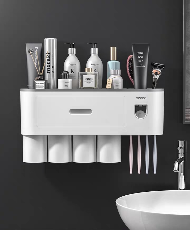 Kệ Treo Bàn Chải Nhà Tắm OENON tích hợp Nhả Kem Đánh Răng Tự Động kèm 4 cốc hút từ tính -OEKEM