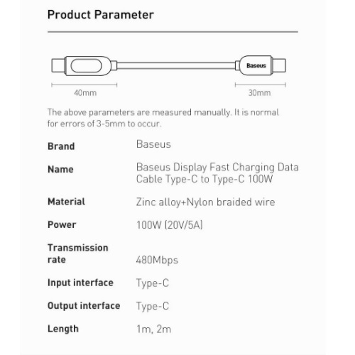 Cáp sạc nhanh Baseus C to C 100W màn led, Cáp sạc nhanh 100W Baseus Display Fast Charging Data Cable Type C to C 100W (20V/5A) - Hàng chính hãng