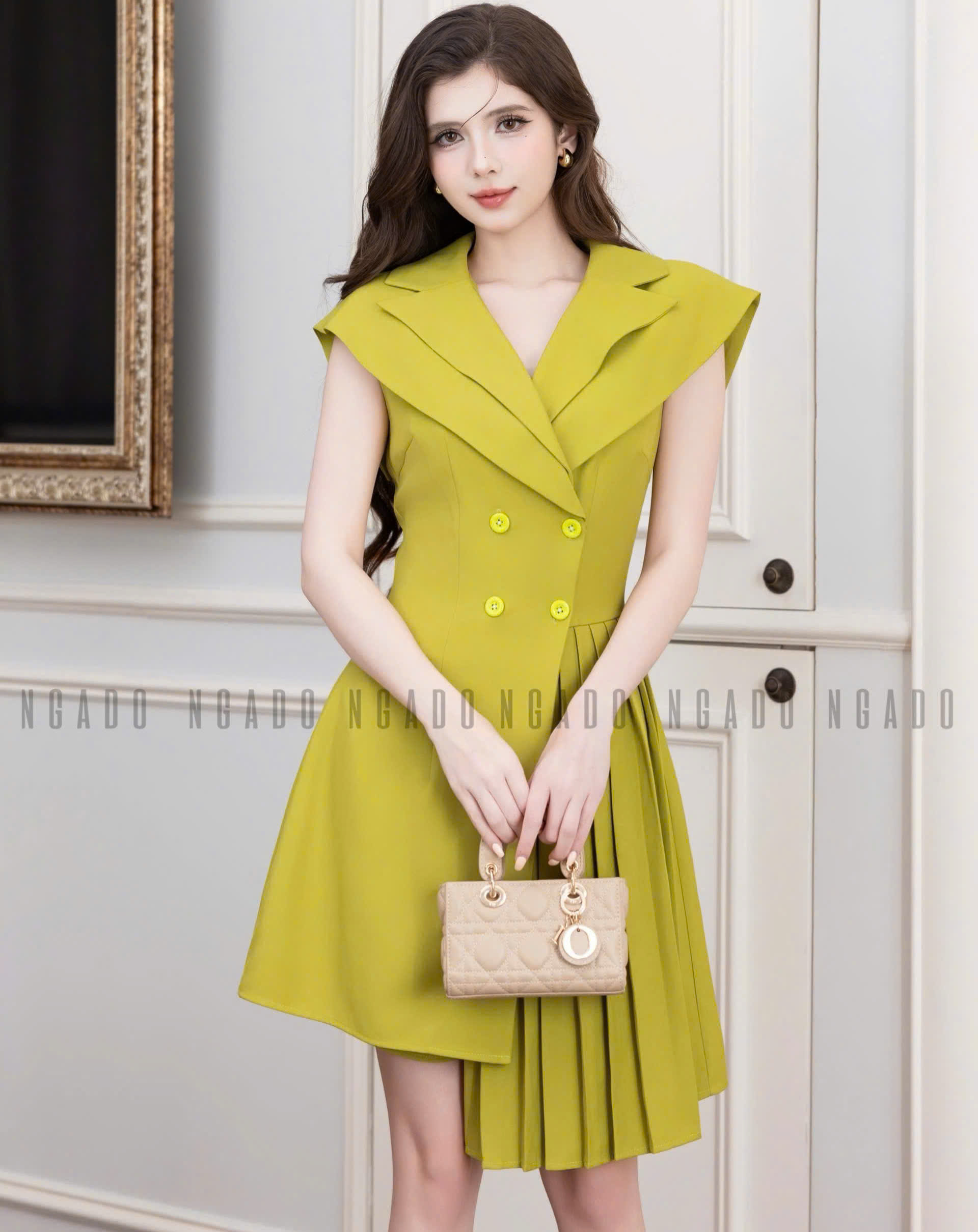 Đầm xanh bơ xếp ly NGADO , đầm nữ , đầm công sở , dự tiệc