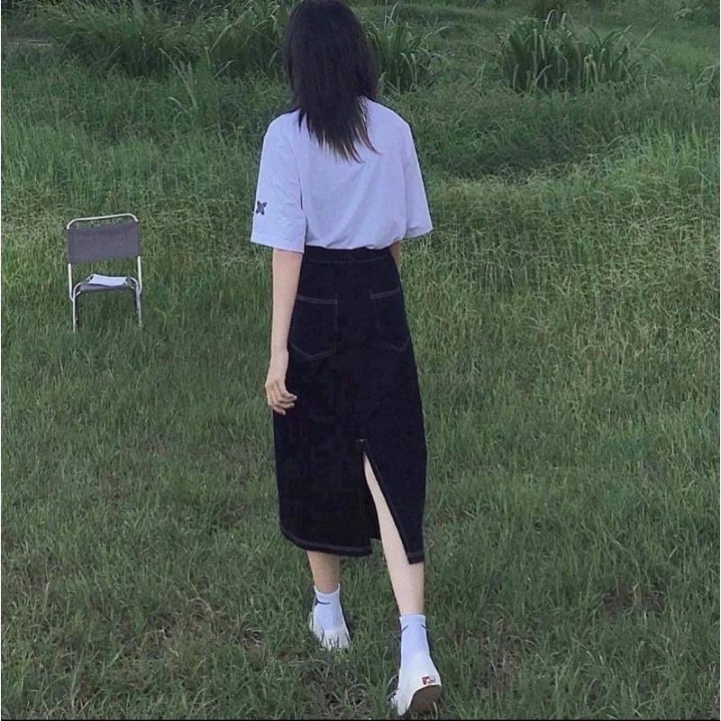 CHÂN VÁY BÒ DENIM TRƠN XẺ SAU DÀI QUA GỐI JEANS #919