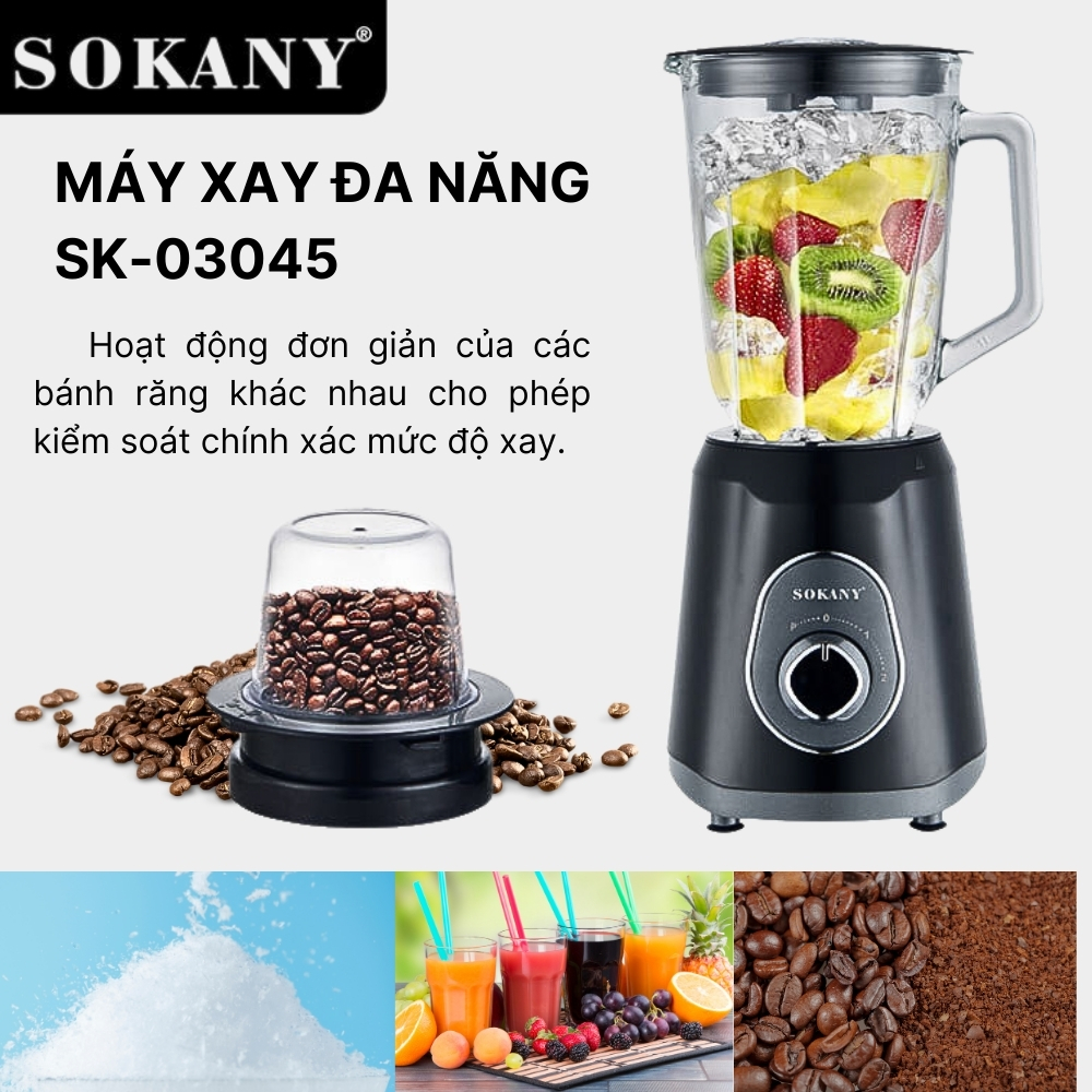 Máy xay sinh tố đa năng SOKANY SK-03045 xay rau củ quả và các loại hạt, 2 cối nhựa ABS cao cấp bền bỉ - HÀNG CHÍNH HÃNG - DELIYA