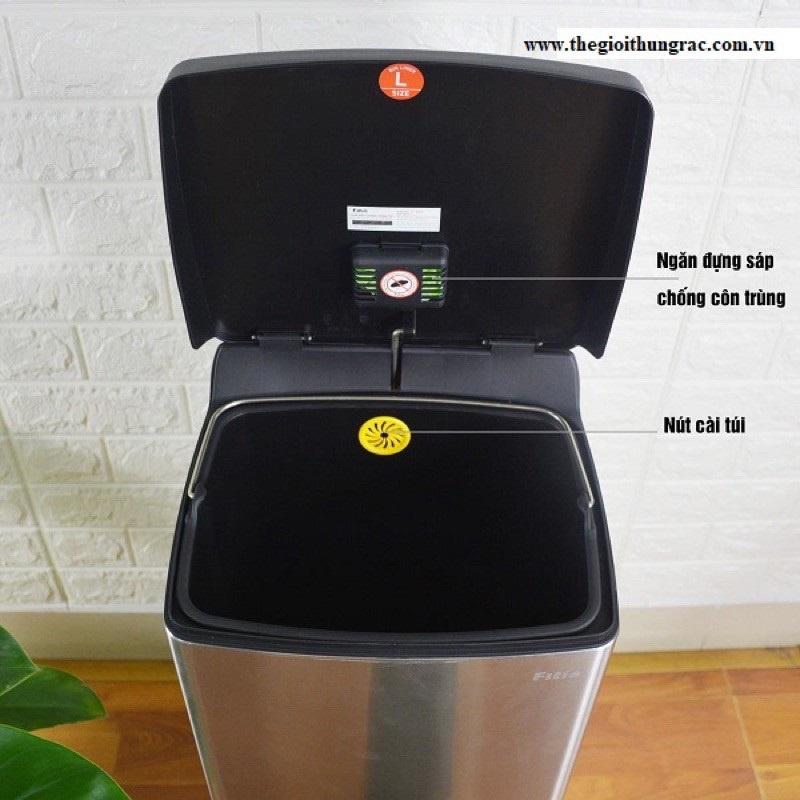 Thùng rác inox FITIS đạp vuông lớn dùng trong nhà bếp phòng khách văn phòng thùng rác inox 22l đạp chân