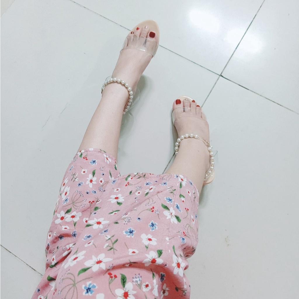 Giày cao gót đế trong suốt vòng chuỗi hạt cao 5 phân