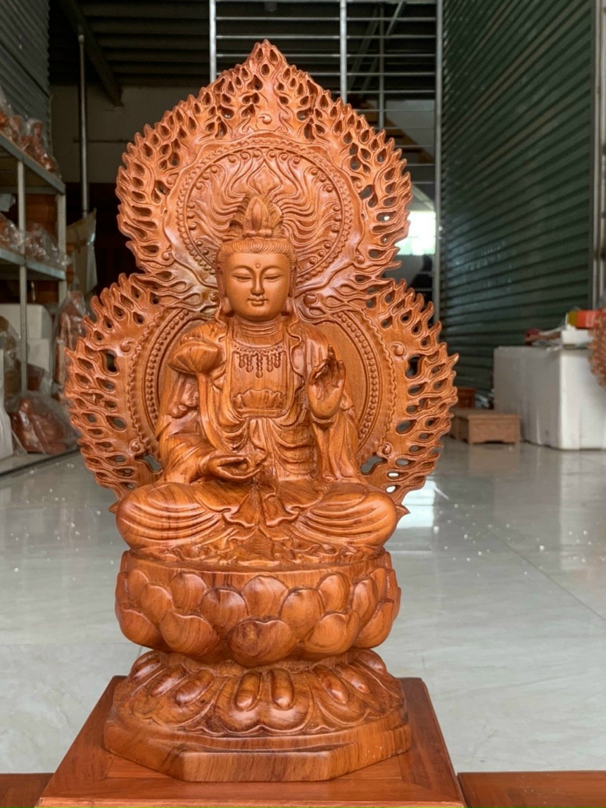 Bộ tượng phật tam thánh tây phương bằng gỗ hương đá kt cao 30×16×16cm +lá chắn hòa quang cao tổng 41×24cm