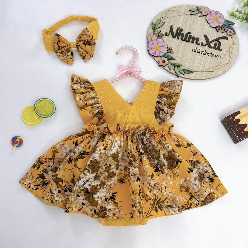 Body váy hoa vàng vải lụa kết hợp đũi xốp cho bé 3-12kg