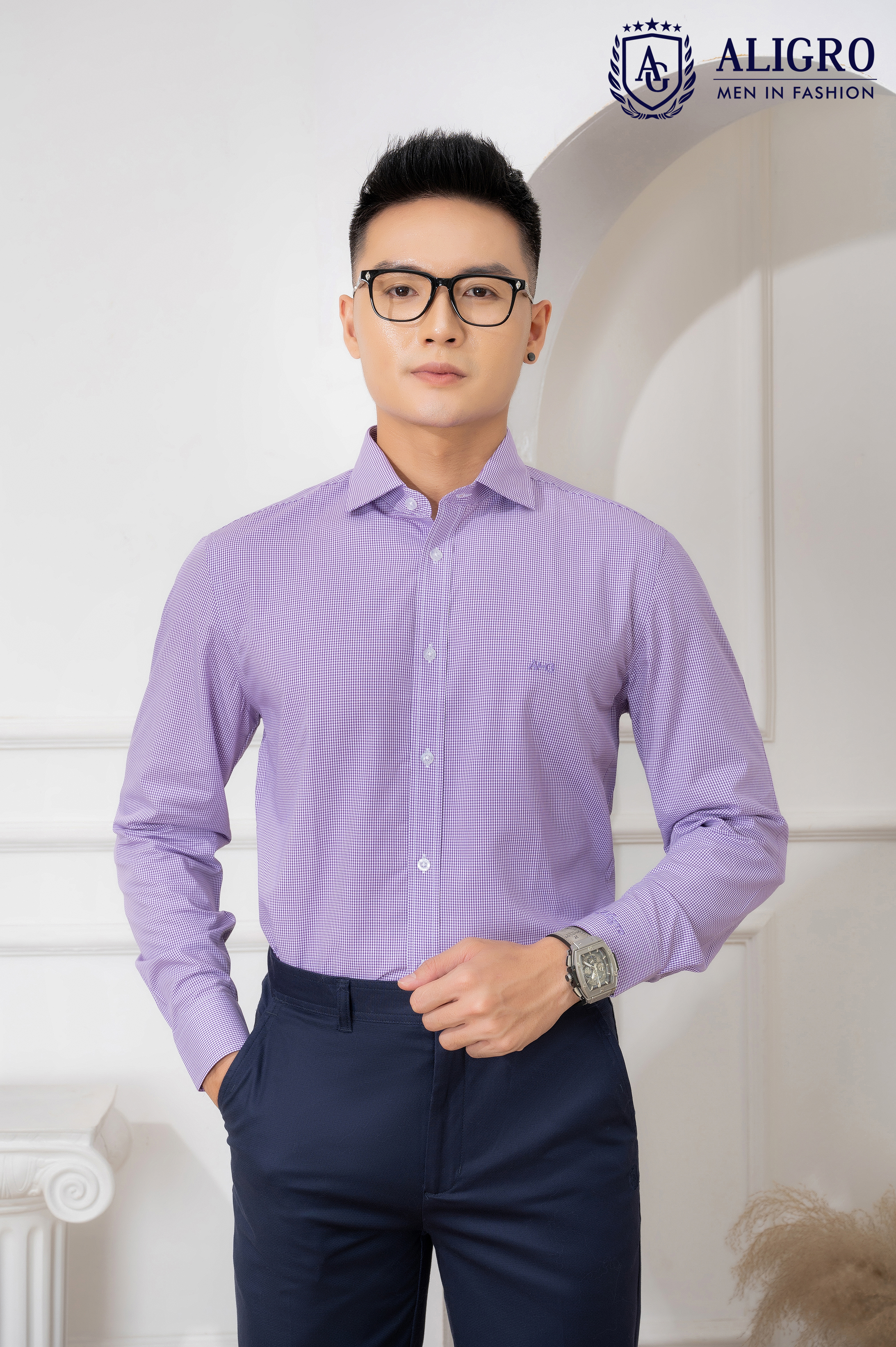 Áo sơ mi nam dài tay ALIGRO màu tím, 100% chất cotton thoáng mát, thấm hút mồ hôi tốt, cổ bẻ, dáng ôm body ALGS153
