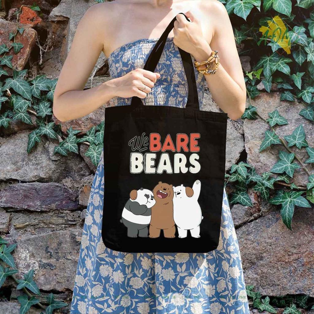 TOTE CANVAS GẤU WE ARE BEARS TÚI VẢI ĐEO VAI BAG KHÓA KÉO SIZE LỚN 33x38cm AOMIVN MÀU ĐEN TRẮNG