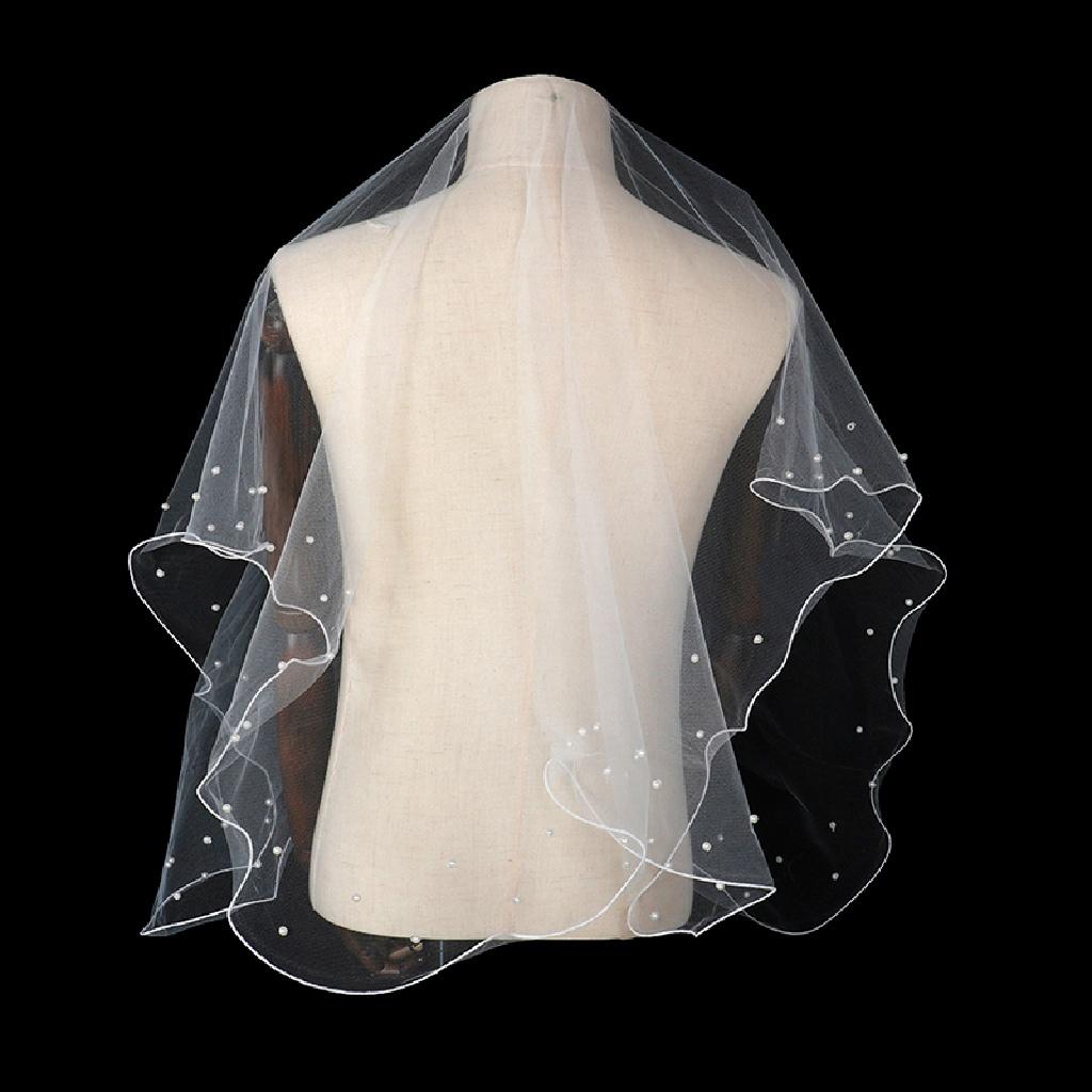 Queenten New Simple Ribbon Edge Wedding Veil With Pearls Short Bridal Veil Studio veil QT