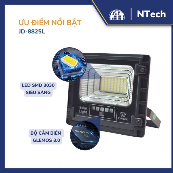 Đèn Pha Năng Lượng Mặt Trời JinDian JD-8825L Công Suất 25W