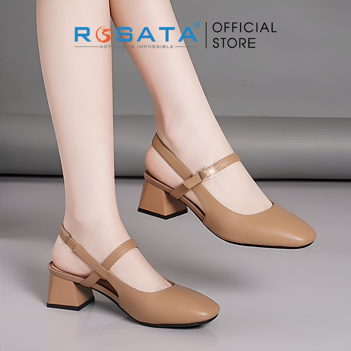 Sandal nữ bít mũi, gót vuông, quai cài ROSATA RO622 - 5p - Nâu, Kem - HÀNG VIỆT NAM - BKSTORE