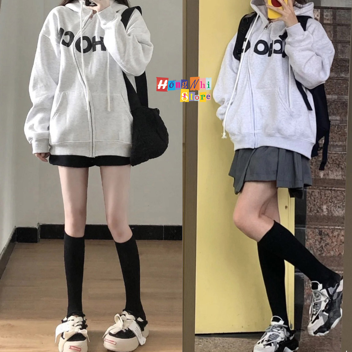 Áo Khoác Hoodie Zip Nỉ ACHOCK Tay Phồng Dây Kéo Dáng Rộng Nam Nữ Oversize Ulzzang Unisex - MM