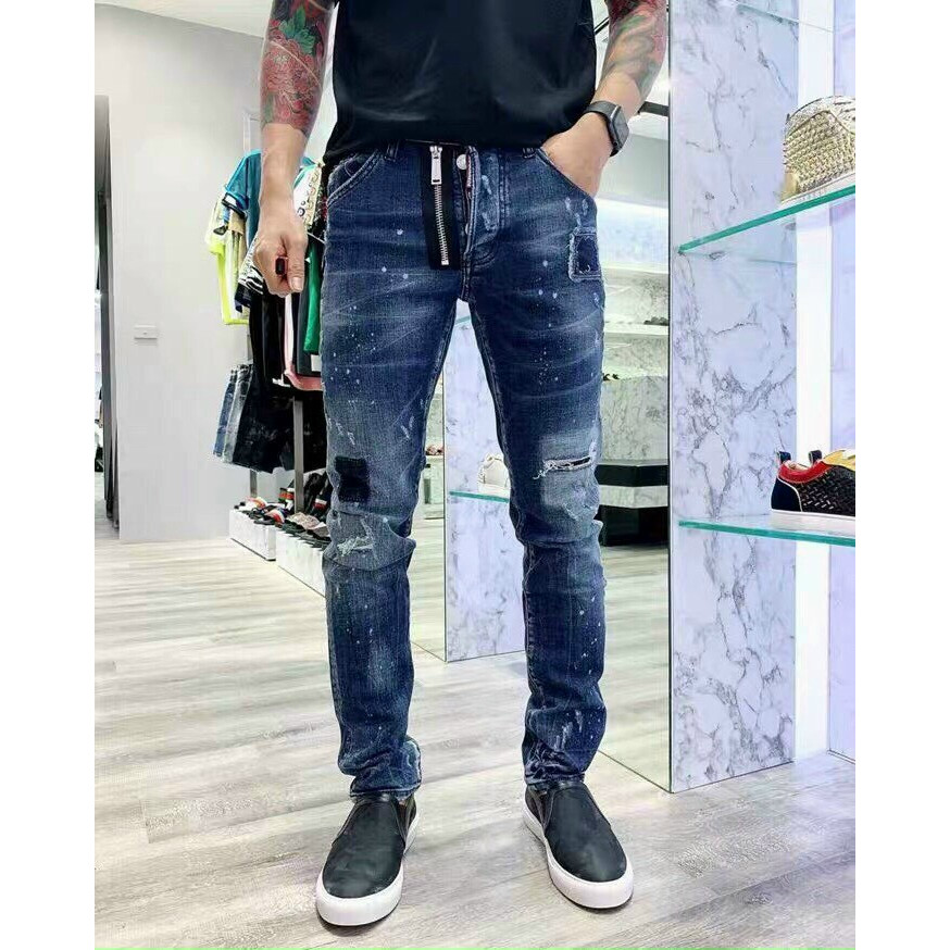 Jeans nam xanh rách vá vảy sơn