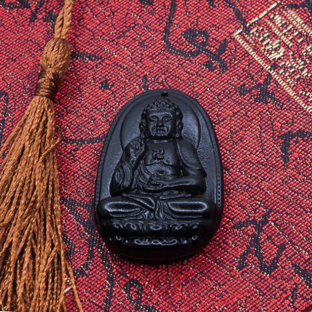 Mặt dây chuyền Đức Phật A Di Đà đá Obsidian tự nhiên - Phật Độ Mạng cho người tuổi Tuất, Hợi - PBMOBS08