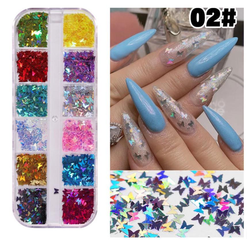 khay 12 màu kim tuyến bướm trang trí móng