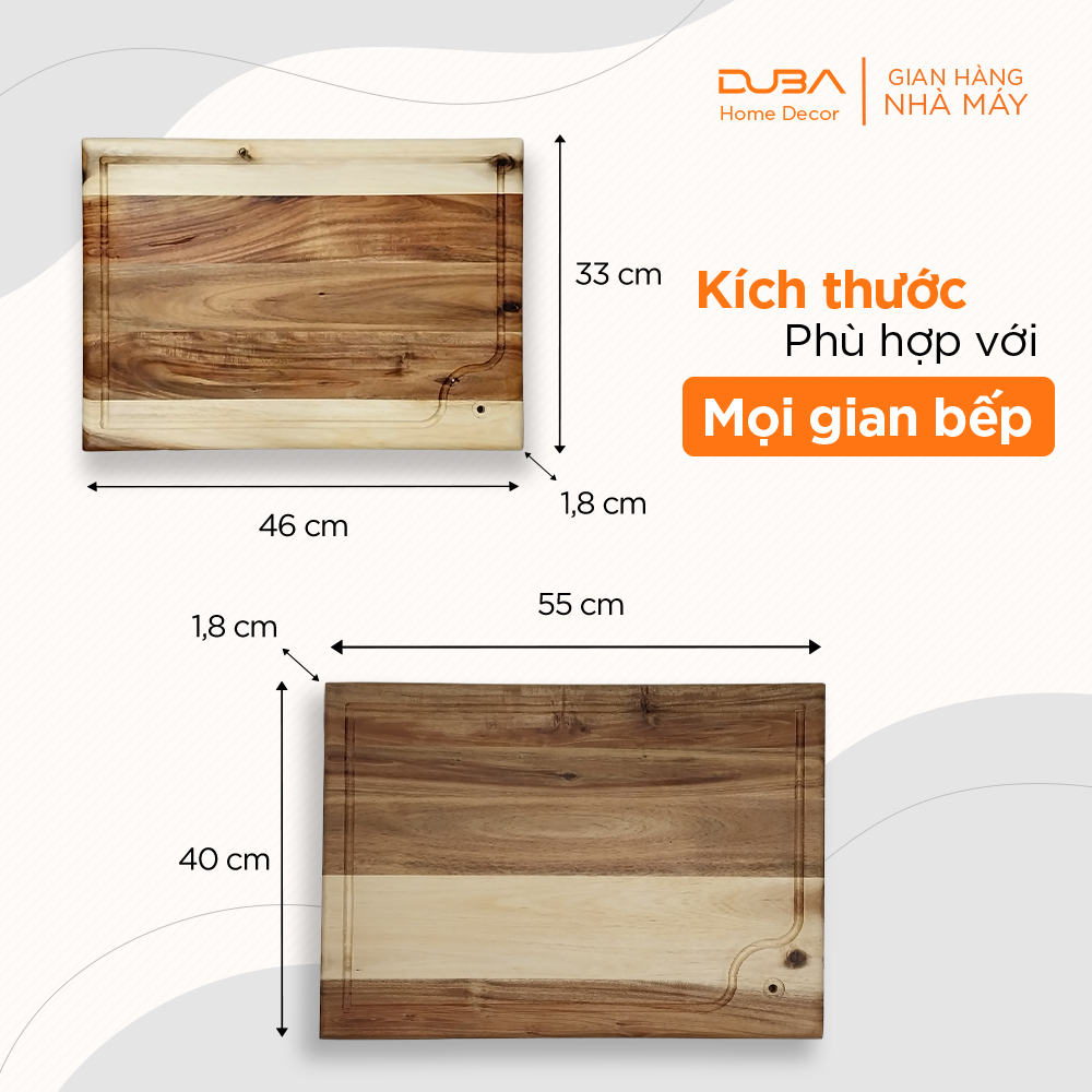 Thớt gỗ chữ nhật lớn, khay gỗ decor, thớt gỗ acacia có lỗ treo màu tự nhiên chuẩn xuất khẩu - DUBA