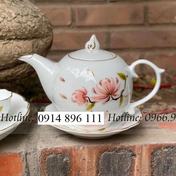 Bộ ấm chén dáng bưởi họa tiết hoa đào vẽ tay - Viền vàng kim